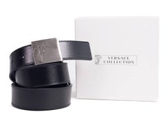 Versace Mens Solid Black Leather Half Medusa Logo Belt