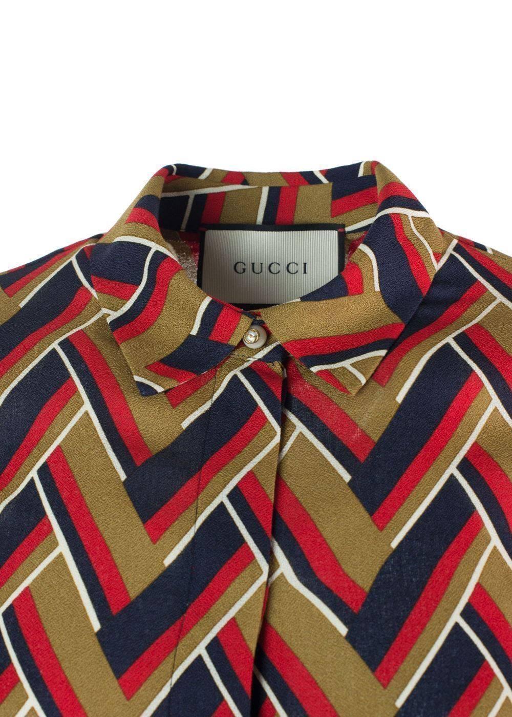 Brown Gucci Women's Multi-Color Chevron Printed Button Down For Sale