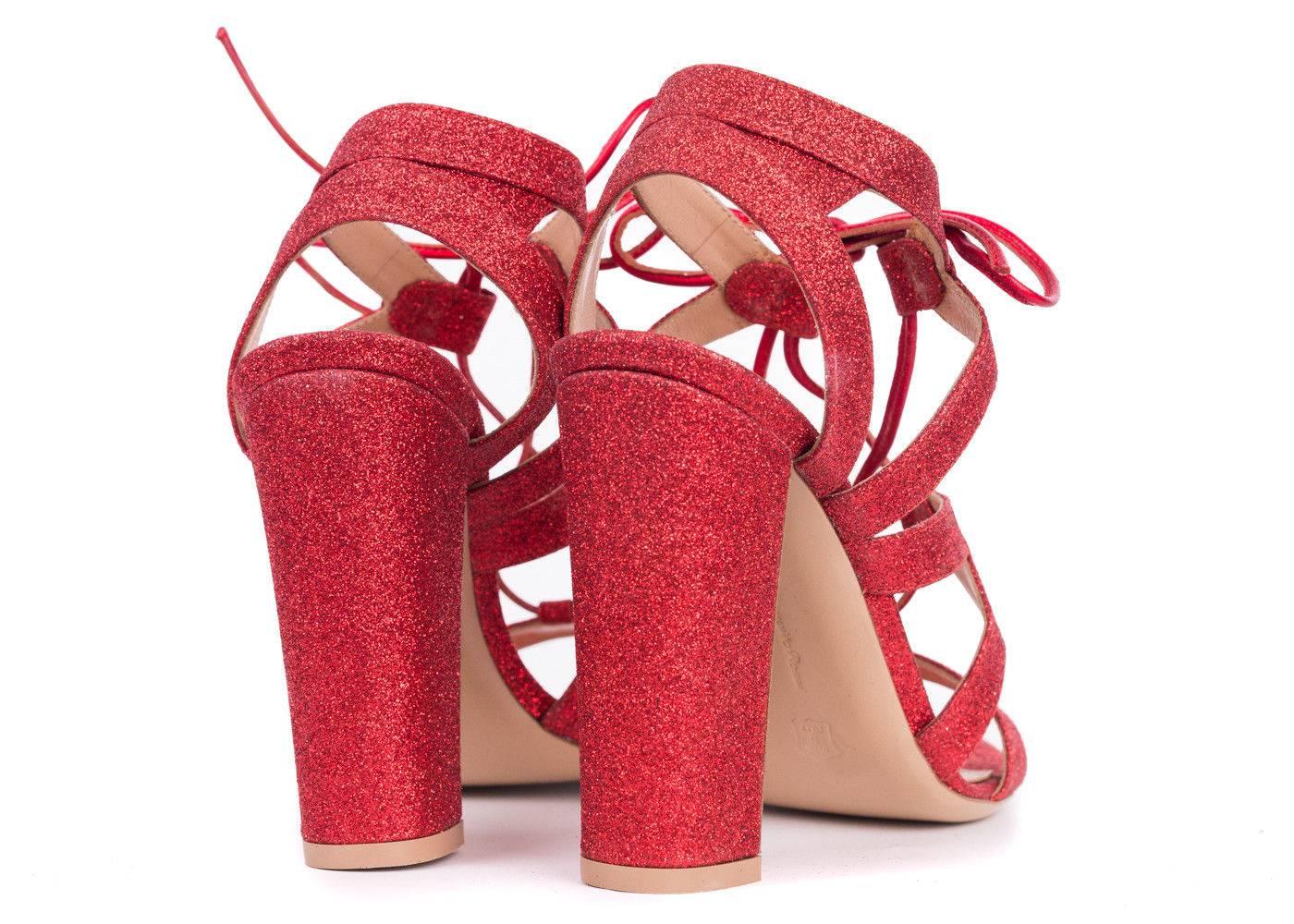 Gianvito Rossi Red Glitter Caged Lace Up Sandal Heels In New Condition For Sale In Brooklyn, NY