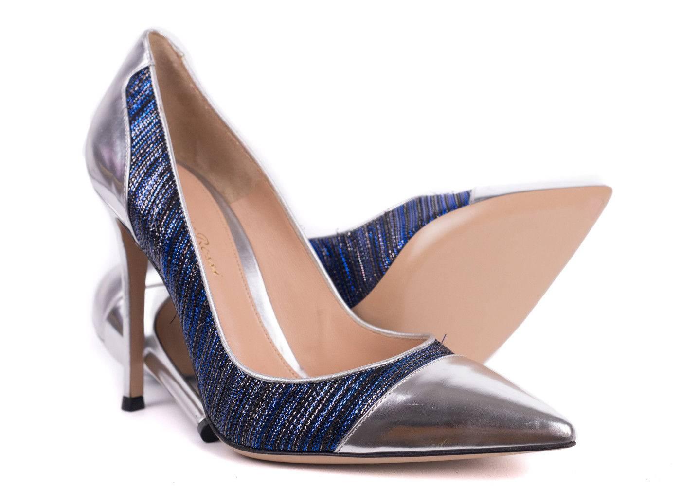 Be the change you desire when dipped in your futuristic Gianvito Rossi. These metallic leather tipped shoes feature blue, black, and silver lurex fibers. This threaded vamp and pointed toe silhouette add that modern edge to your ensemble