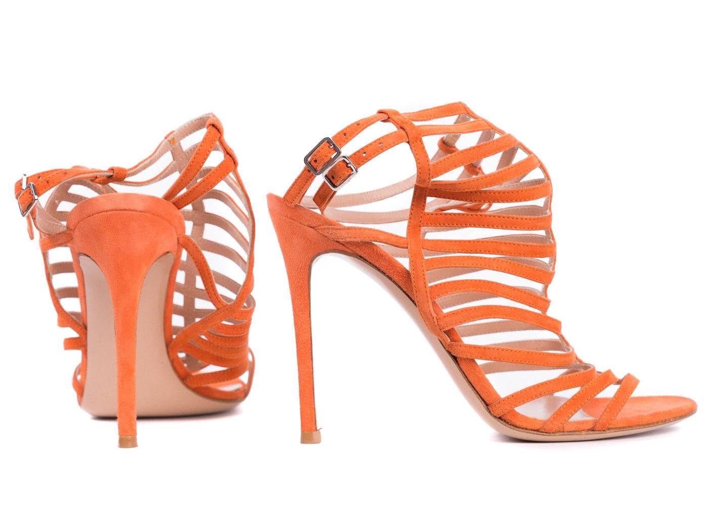  Gianvito-Rossi-Orange-Suede-Caged-Ankle-Strap-Stiletto-Sandals In New Condition For Sale In Brooklyn, NY