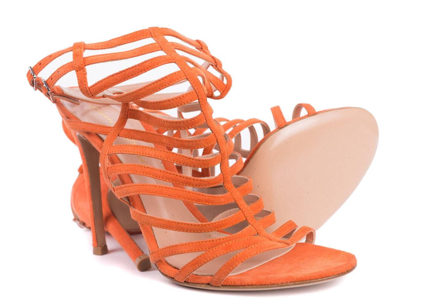 Men's  Gianvito-Rossi-Orange-Suede-Caged-Ankle-Strap-Stiletto-Sandals For Sale