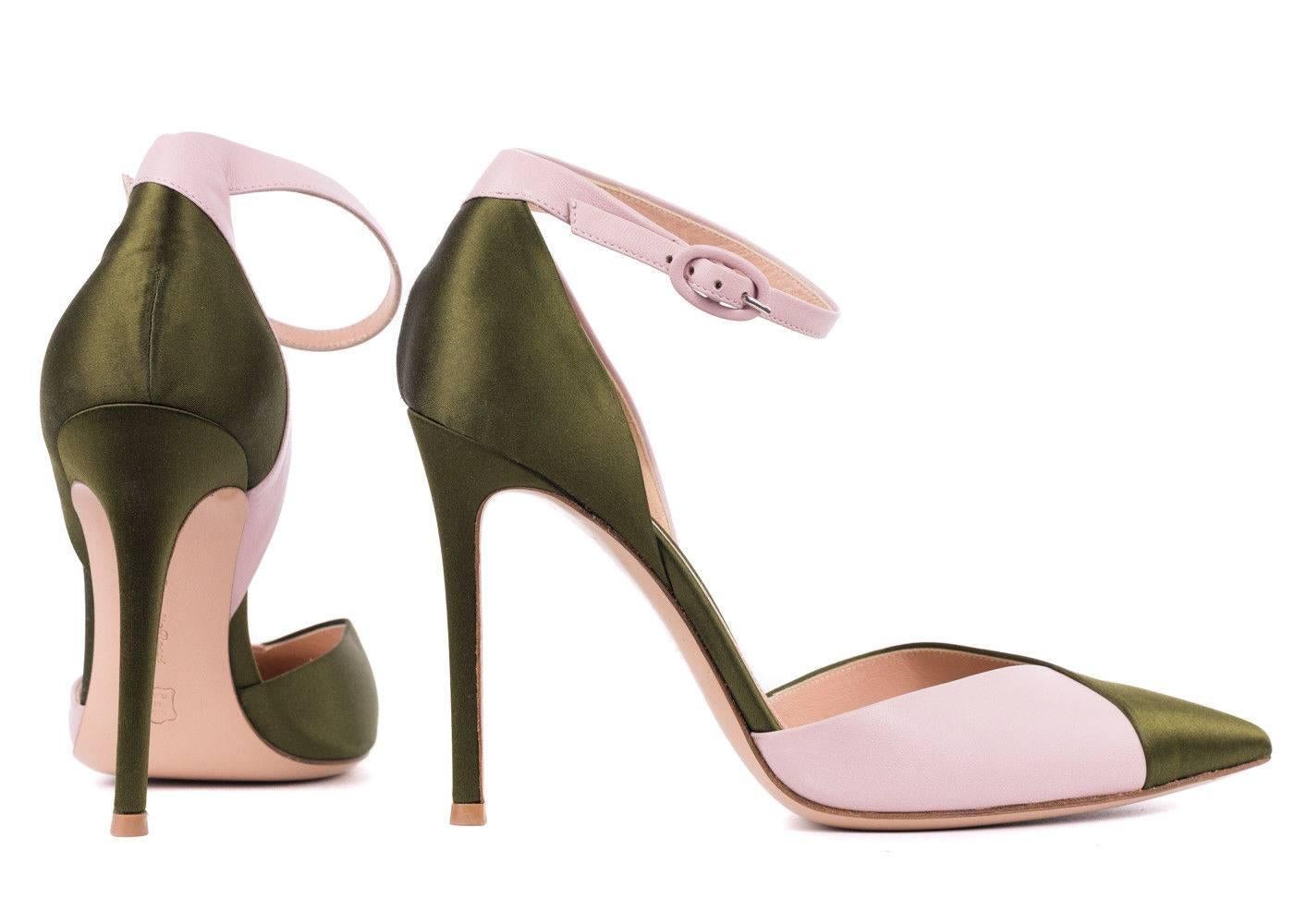 Gianvito Rossi Green Pink Mixed Satin Leather Pumps In New Condition For Sale In Brooklyn, NY