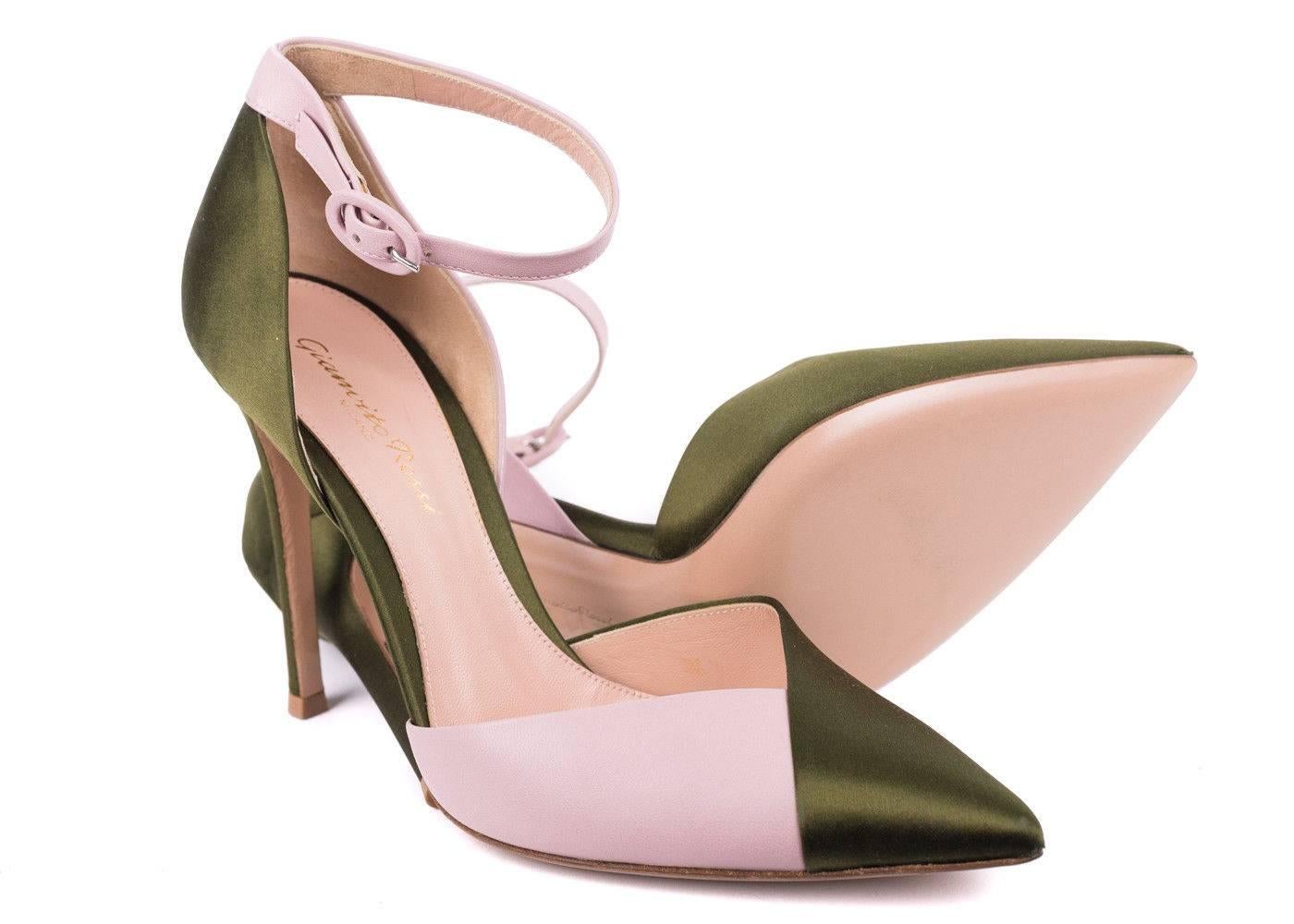Compliment yourself well with love and grace in your Mixed Gianvito Rossi Heels. This pump features green silk like satin,  pale pink leather fusions, and a 4 inch stiletto heel infused together creating this work of art. You can pair this shoe with