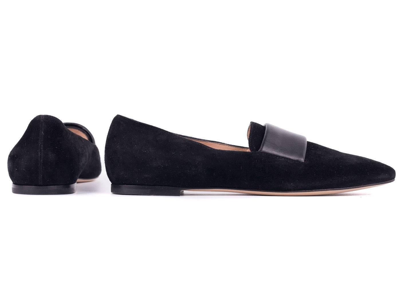 Gianvito Rossi Black Suede Leather Strap Square Toe Flats In New Condition For Sale In Brooklyn, NY