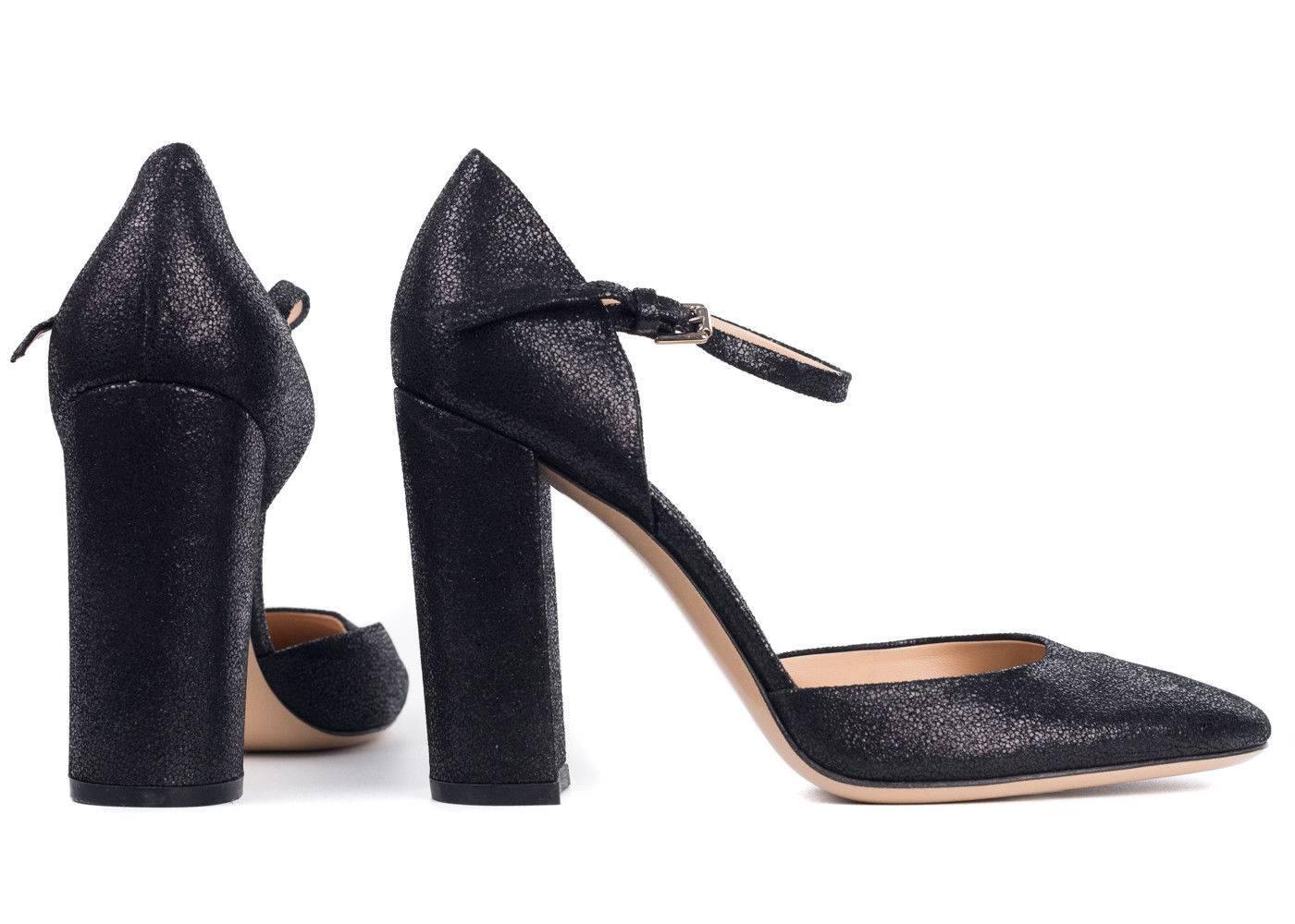 Gianvito Rossi Black Glitter Suede Ankle Strap Block Heel Pumps In New Condition For Sale In Brooklyn, NY