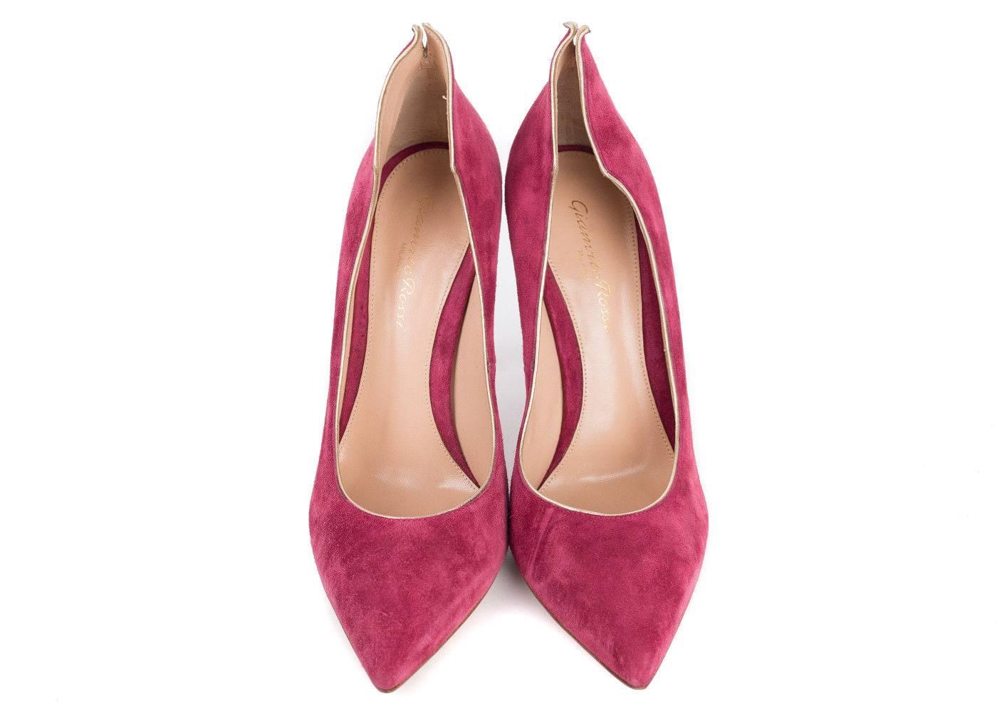 Gianvito Rossi Pink Suede Gold Trim High Back Pumps For Sale 1