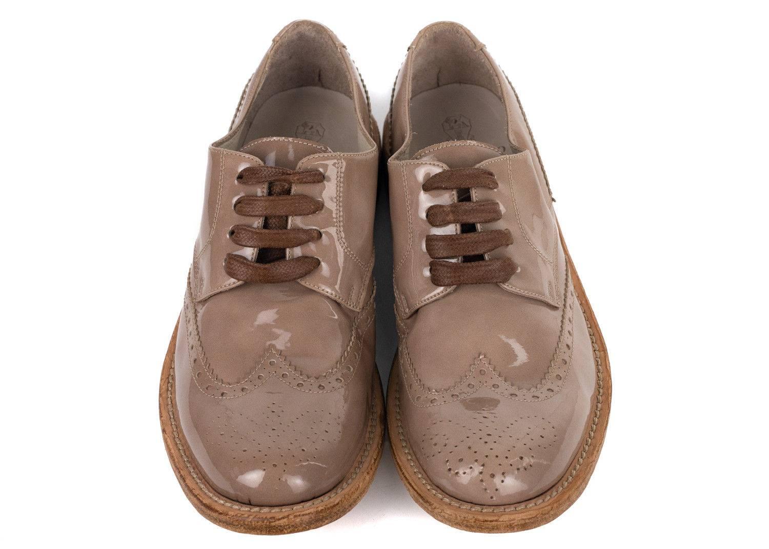 Men's Brunello Cucinelli Womens Patent Leather Lace Brogue Brown Oxfords  For Sale