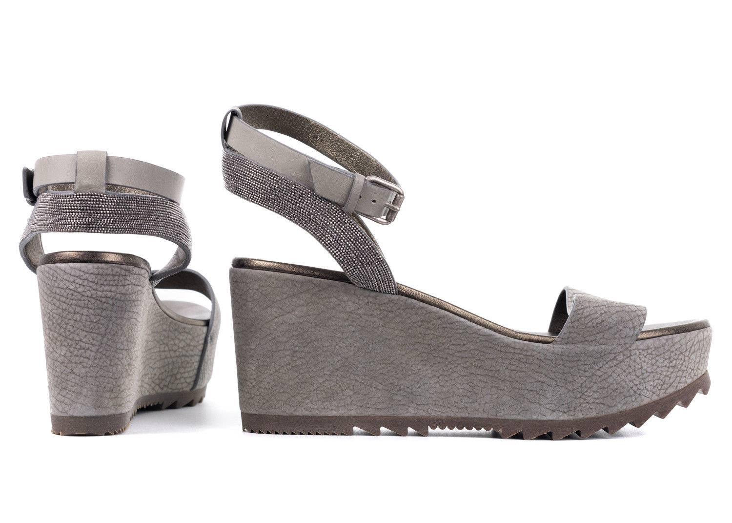 Gray Brunello Cucinelli Grey Monili Ankle Strap Platform Wedge Sandals For Sale