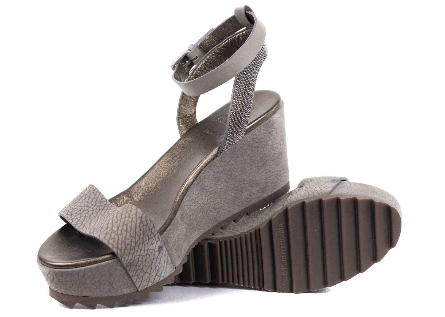 Brunello Cucinelli Grey Monili Ankle Strap Platform Wedge Sandals In New Condition For Sale In Brooklyn, NY