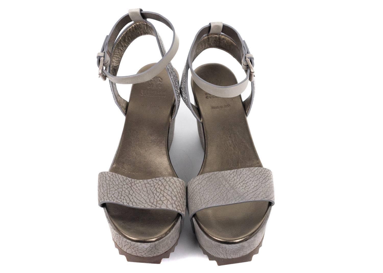 Men's Brunello Cucinelli Grey Monili Ankle Strap Platform Wedge Sandals For Sale