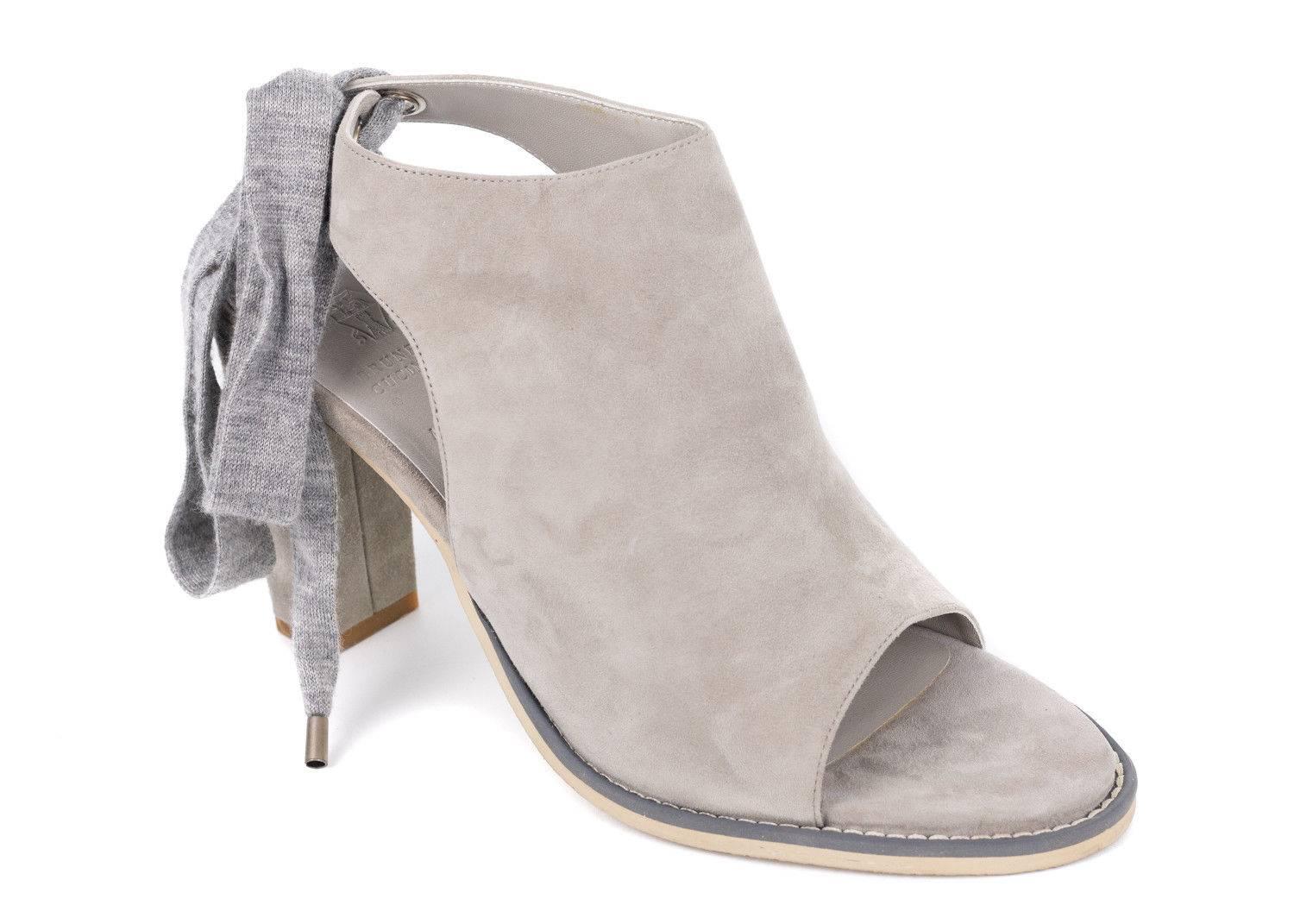 Brunello Cucinelli Women's Grey Suede Peep Toe Lace Ankle Boot For Sale 1