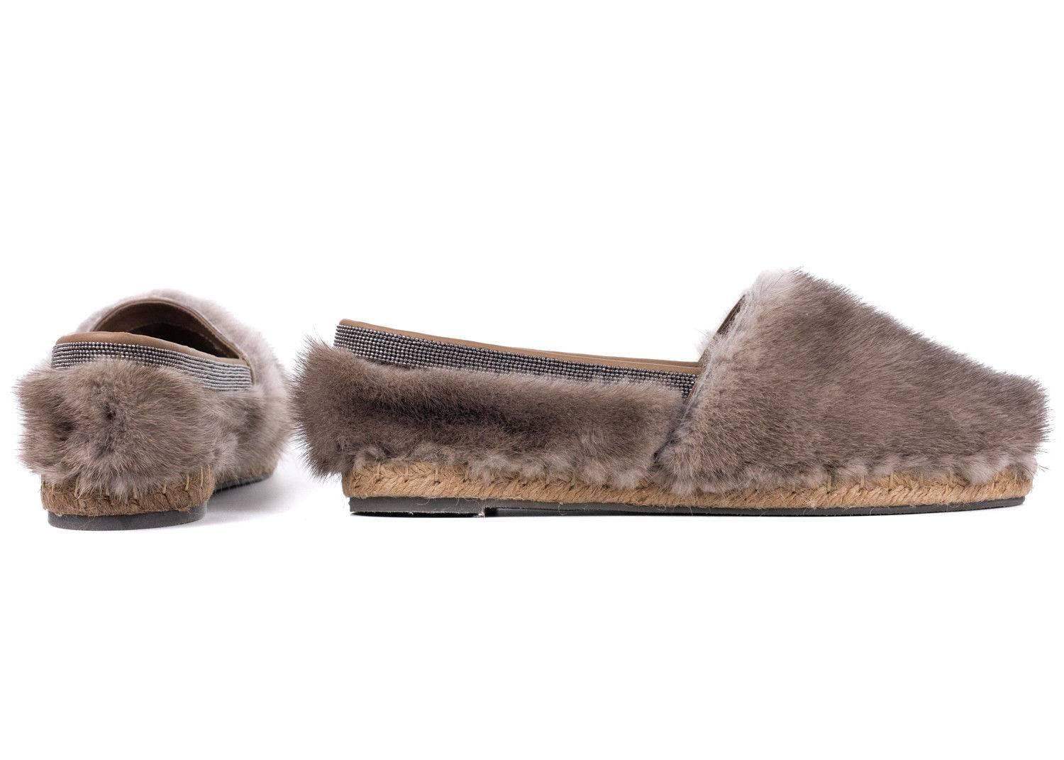 Gray Brunello Cucinelli Womens Espadrilles Fur Monili Slip Ons Loafers