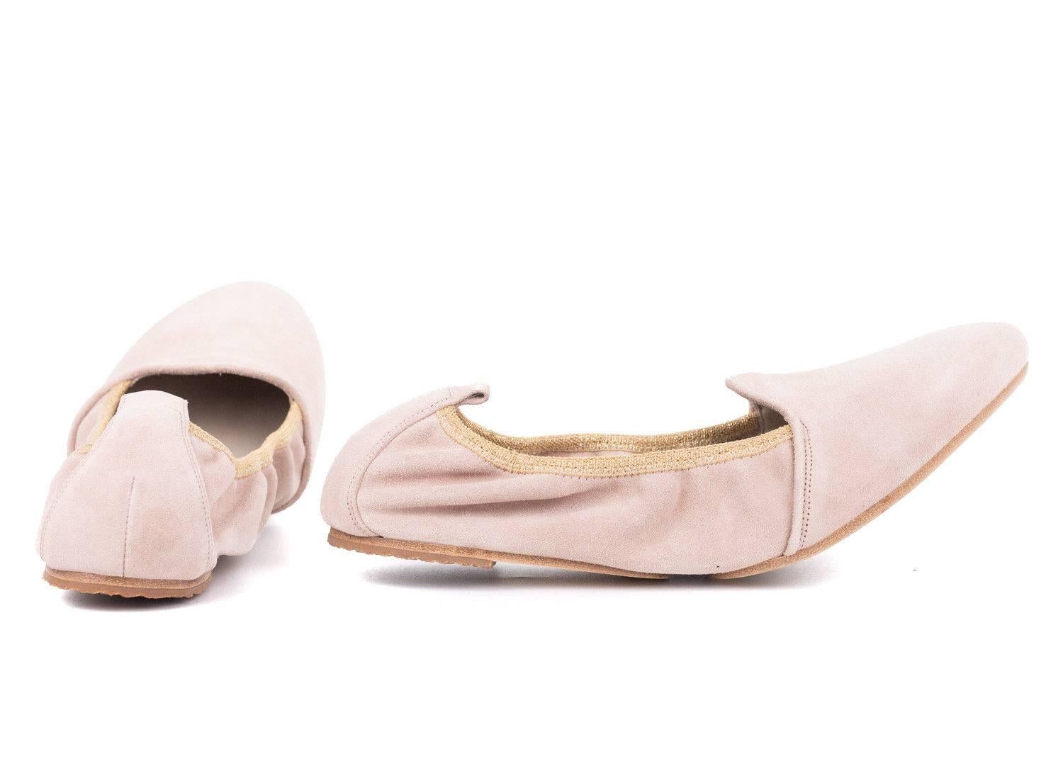 Beige Brunello Cucinelli Light Mauve Suede Lurex Trimmed Ballet Flats For Sale