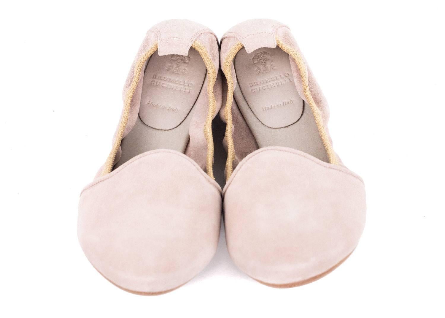 Brunello Cucinelli Light Mauve Suede Lurex Trimmed Ballet Flats In New Condition For Sale In Brooklyn, NY