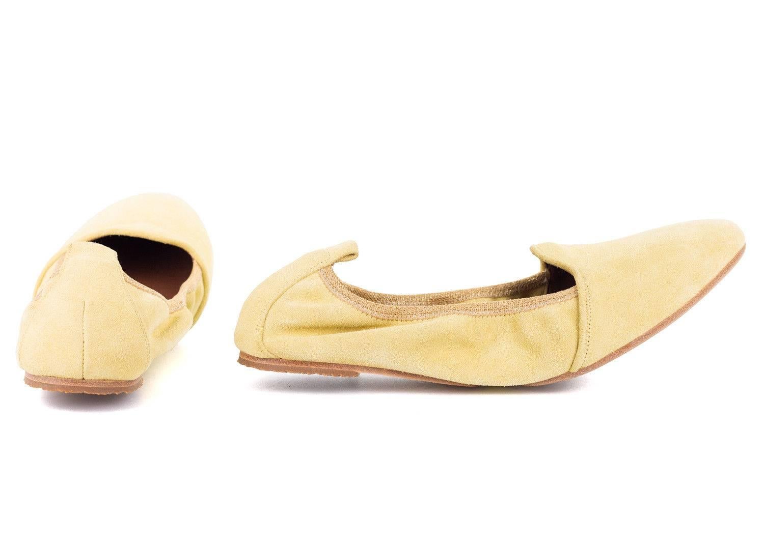 Men's Brunello Cucinelli Pale Yellow Suede Glitter Trimmed Ballet Flats  For Sale