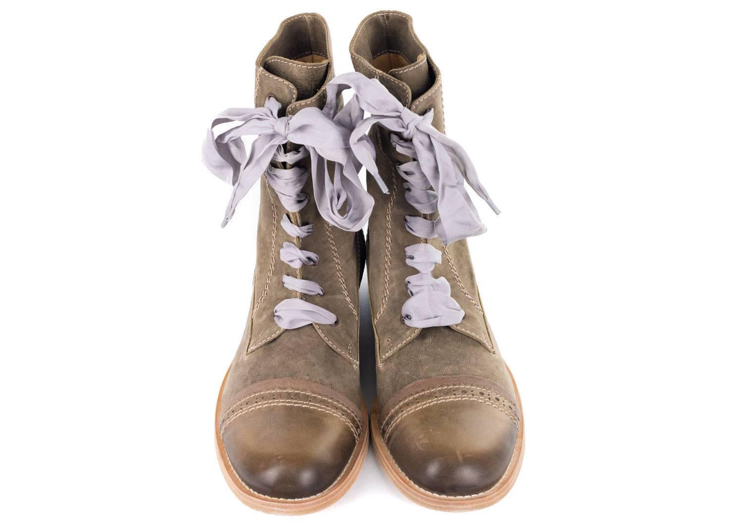 Women's or Men's Brunello Cucinelli Grey Leather Brogue Fabric Lace Up Boots  For Sale