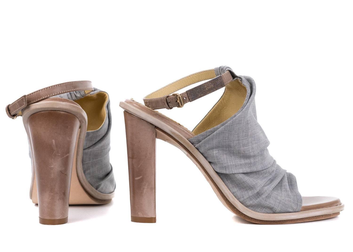 Brown Brunello Cucinelli Grey Ruched Fabric Peep Toe Mule Heels For Sale