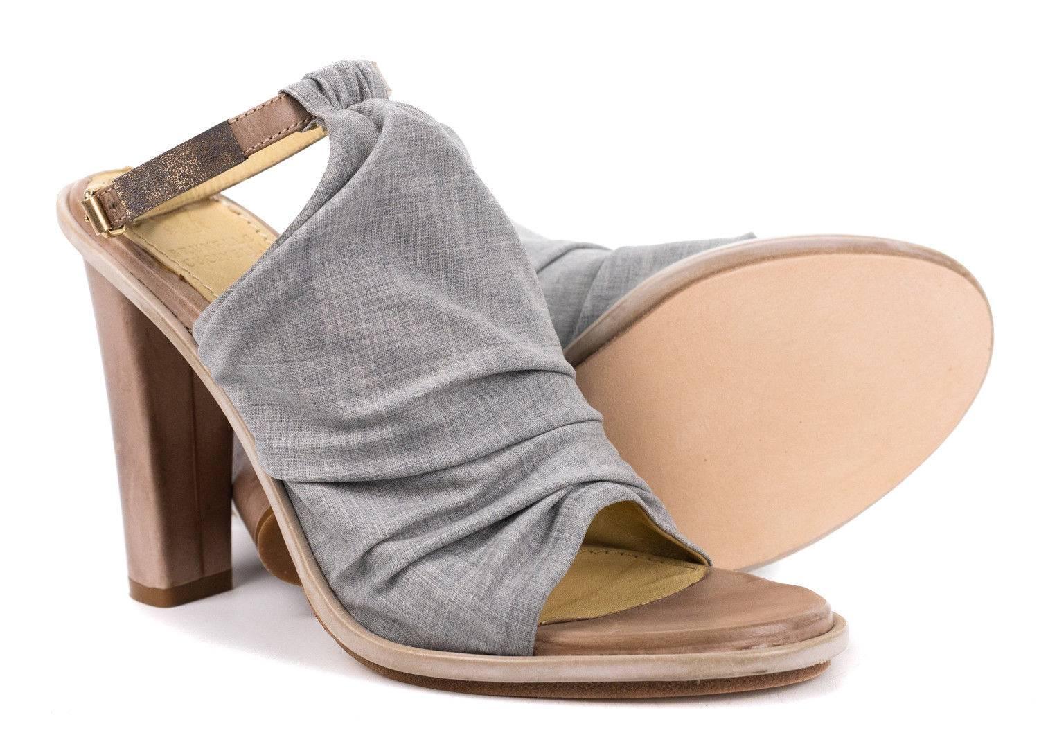 Brunello Cucinelli Grey Ruched Fabric Peep Toe Mule Heels In New Condition For Sale In Brooklyn, NY
