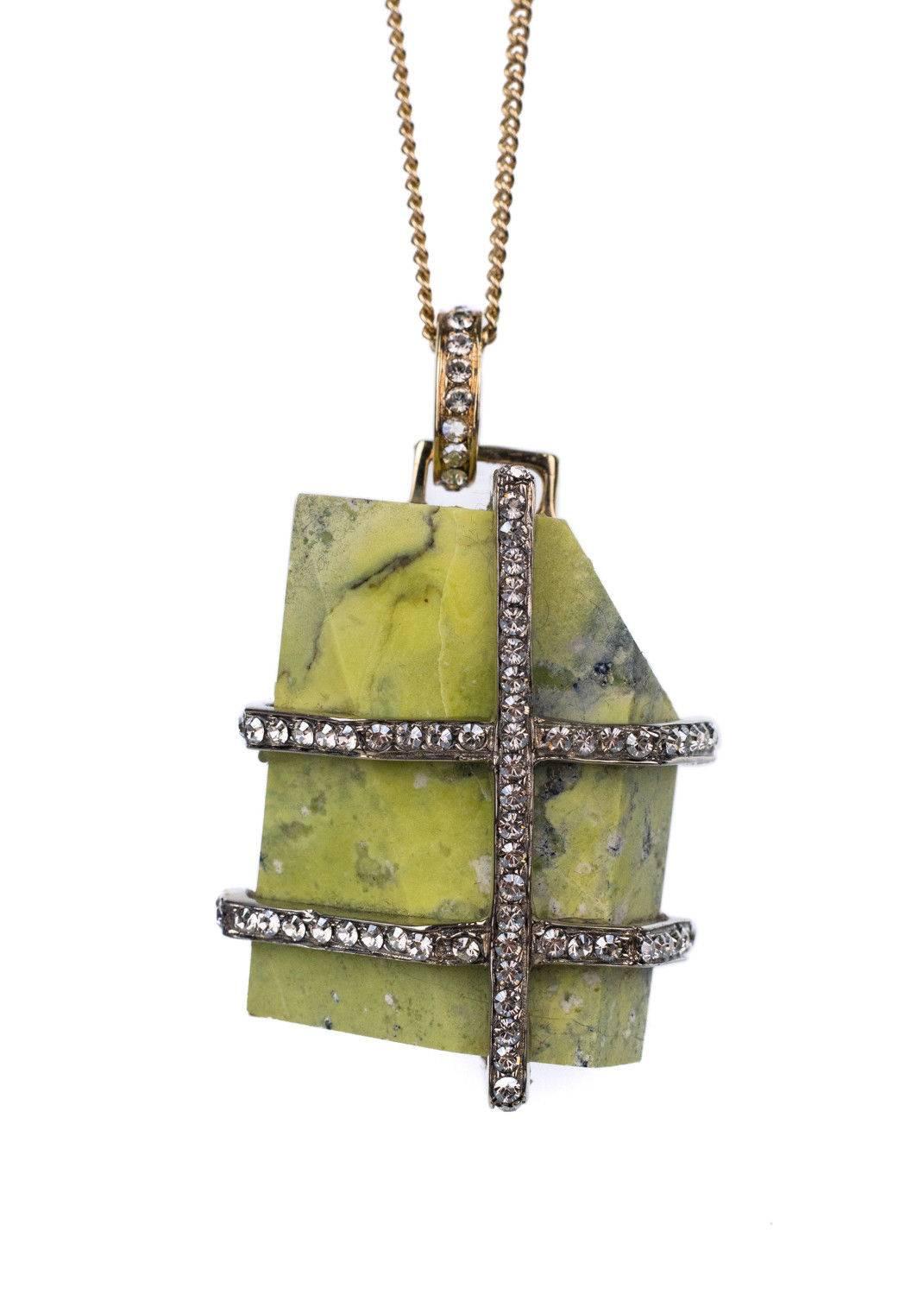 Roberto Cavalli Green Chiseled Marble Swavorski Gold Chain Necklace  In New Condition For Sale In Brooklyn, NY