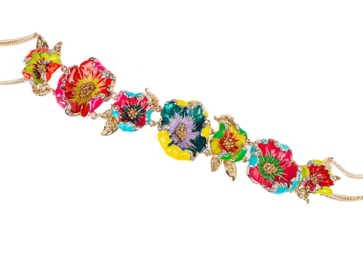 Roberto Cavalli Multicolored Floral Embellished Double Chain Necklace  In New Condition For Sale In Brooklyn, NY