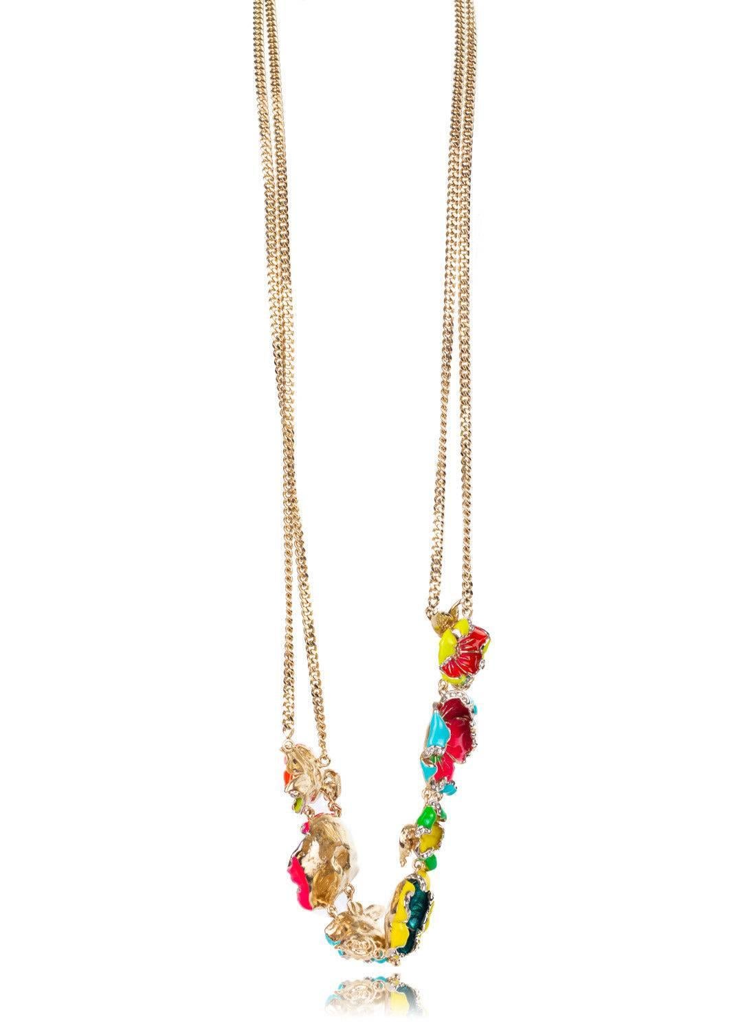Beige Roberto Cavalli Multicolored Floral Embellished Double Chain Necklace  For Sale