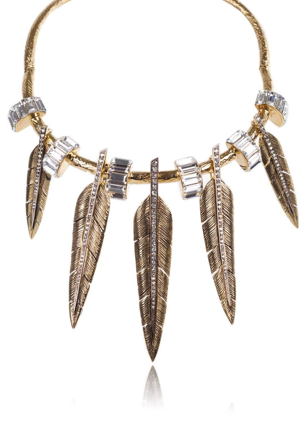 Beige Roberto Cavalli Stone Embellished Feather Charm Choker Necklace For Sale