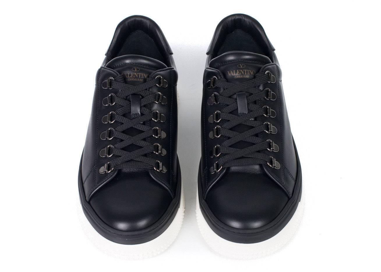 Men's Valentino Mens Black Leather Low Top Lace Platform Sneakers  For Sale