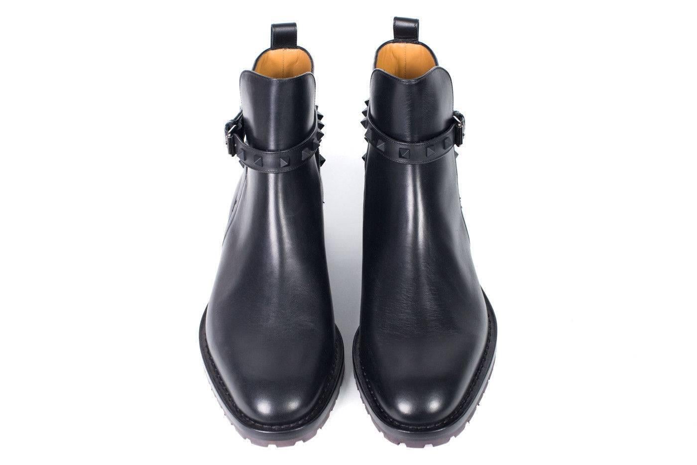 Valentino Men's Black Leather Rockstud Strap Ankle Boots For Sale 1