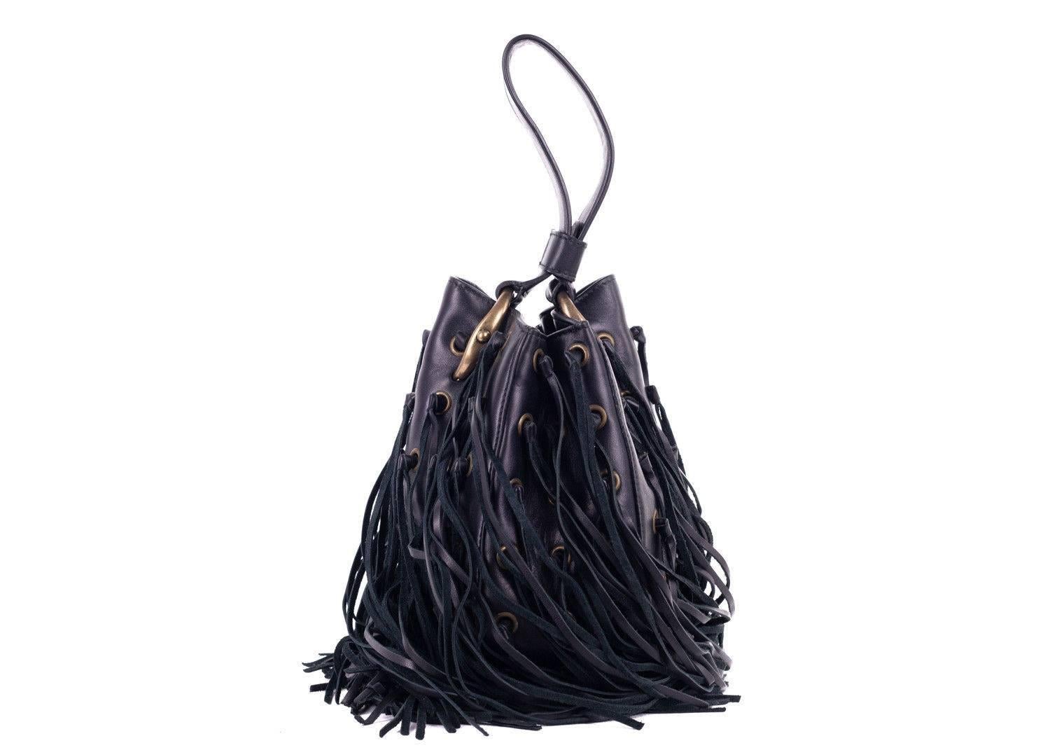Roberto Cavalli Black Leather Eyelet Fringe Wristlet Bucket Bag In New Condition For Sale In Brooklyn, NY