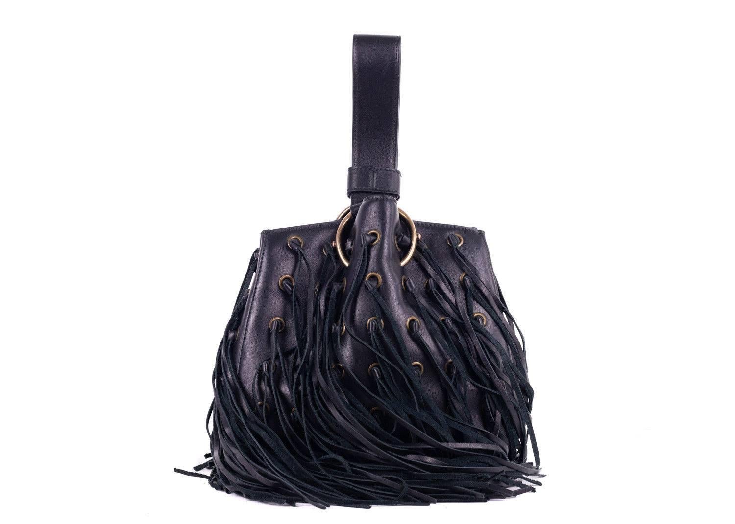 Women's or Men's Roberto Cavalli Black Leather Eyelet Fringe Wristlet Bucket Bag For Sale