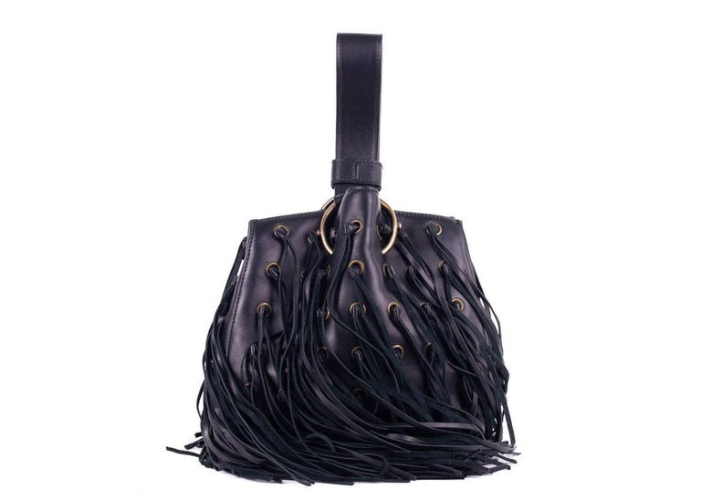 Roberto Cavalli Black Leather Eyelet Fringe Wristlet Bucket Bag For ...