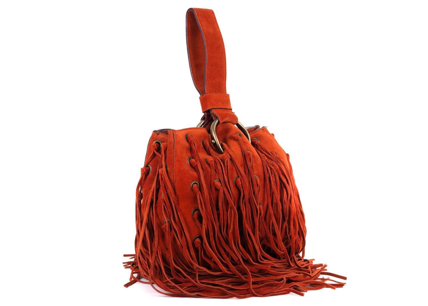 Roberto Cavalli Bright Orange Suede Eyelet Fringe Wristlet Bucket Bag In New Condition For Sale In Brooklyn, NY