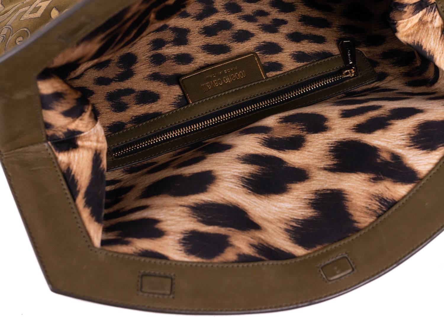 Brown Roberto Cavalli Olive Suede Tapestry Print Large Clutch For Sale