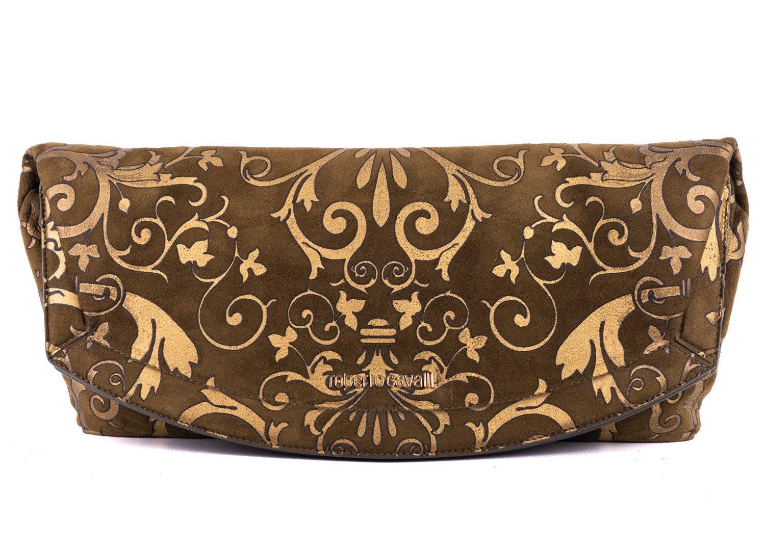 Roberto Cavalli Olive Suede Tapestry Print Large Clutch In New Condition For Sale In Brooklyn, NY