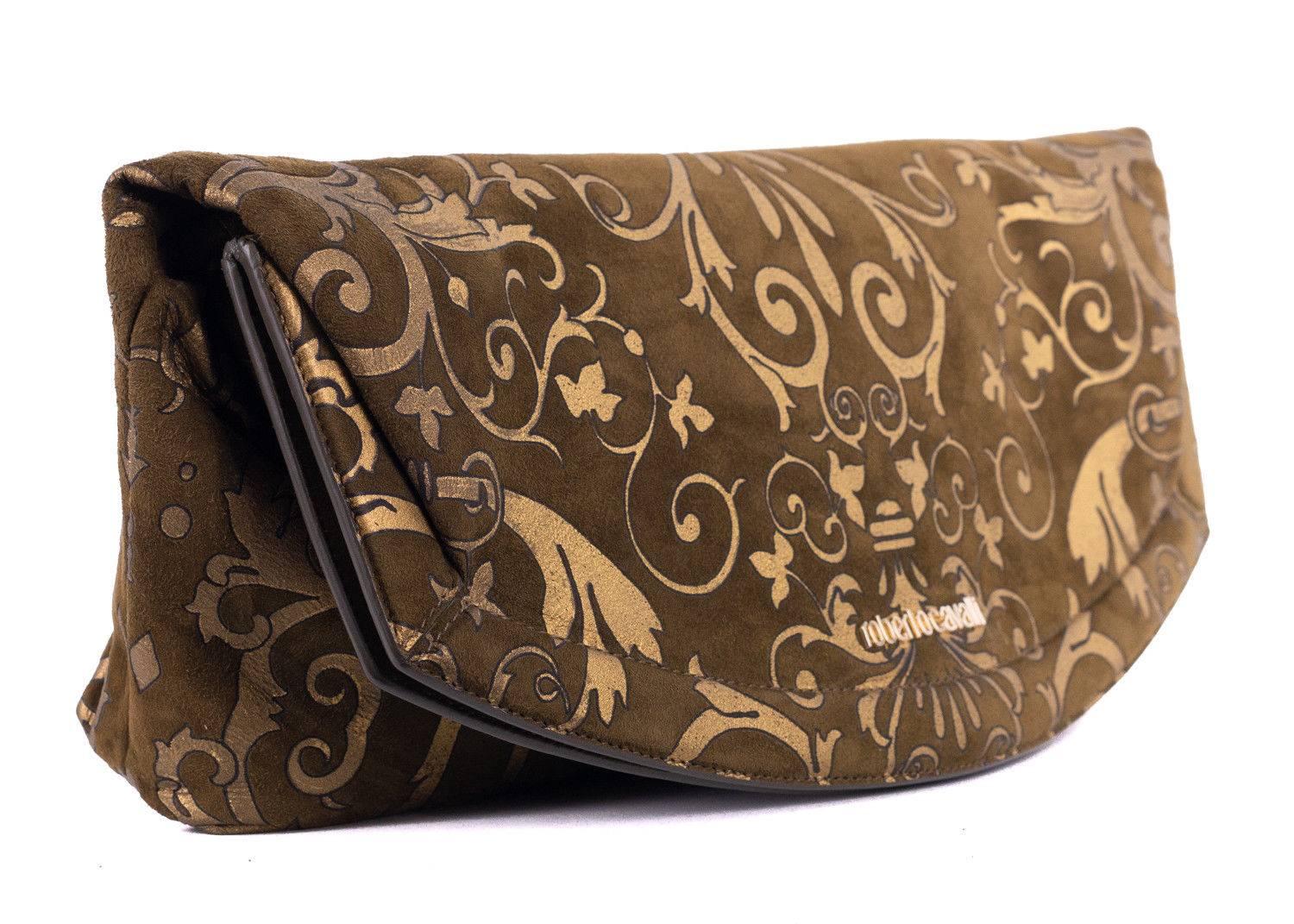 Men's Roberto Cavalli Olive Suede Tapestry Print Large Clutch For Sale