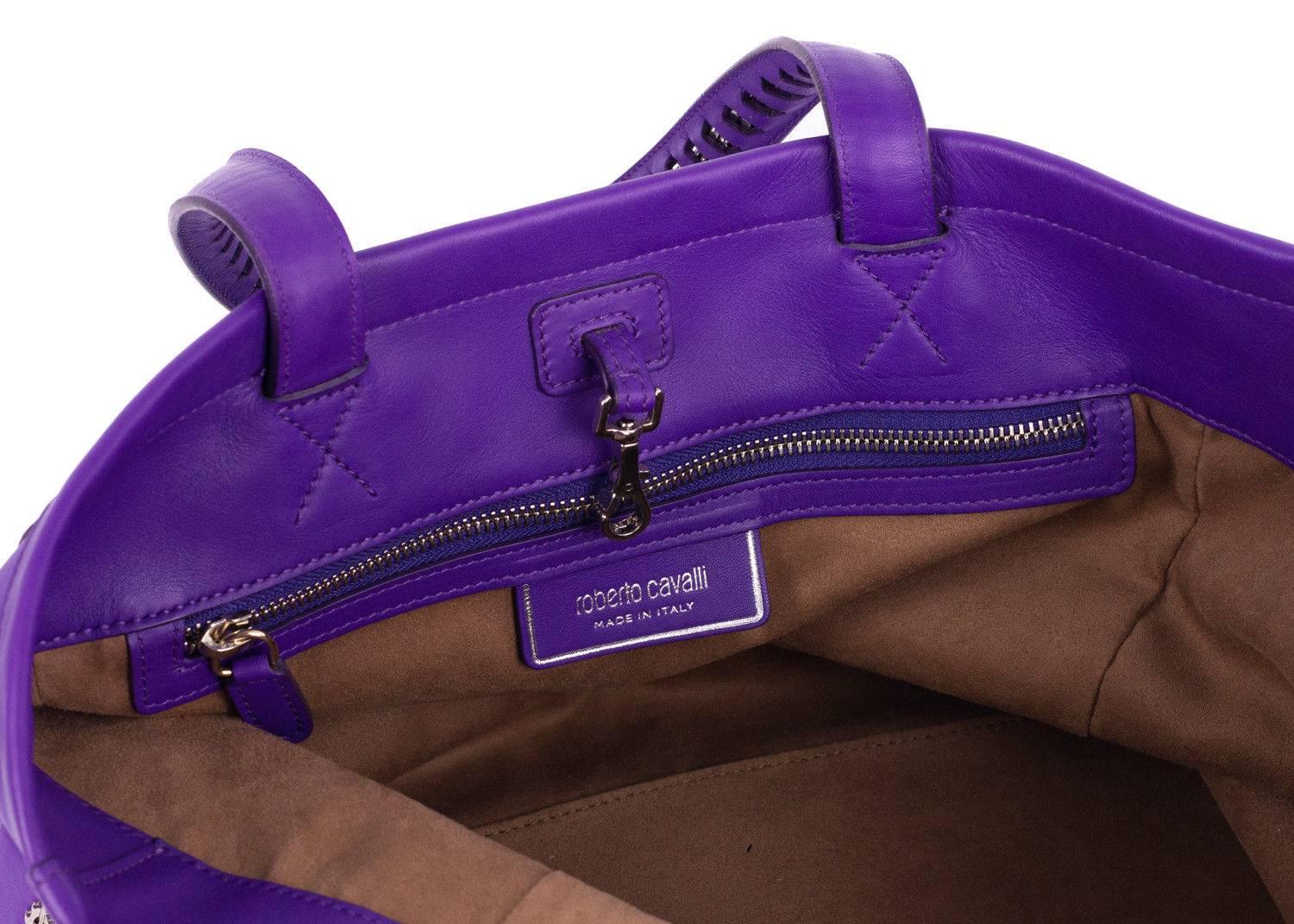 Men's Roberto Cavalli Purple Leather Tiger Cheetah Print Tote Bag