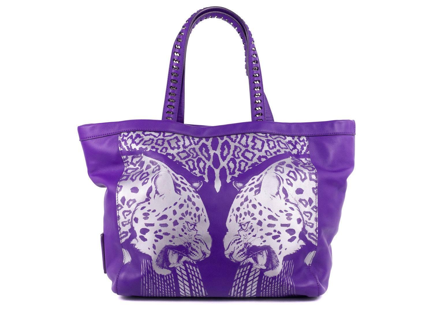 Roberto Cavalli Purple Leather Tiger Cheetah Print Tote Bag 1