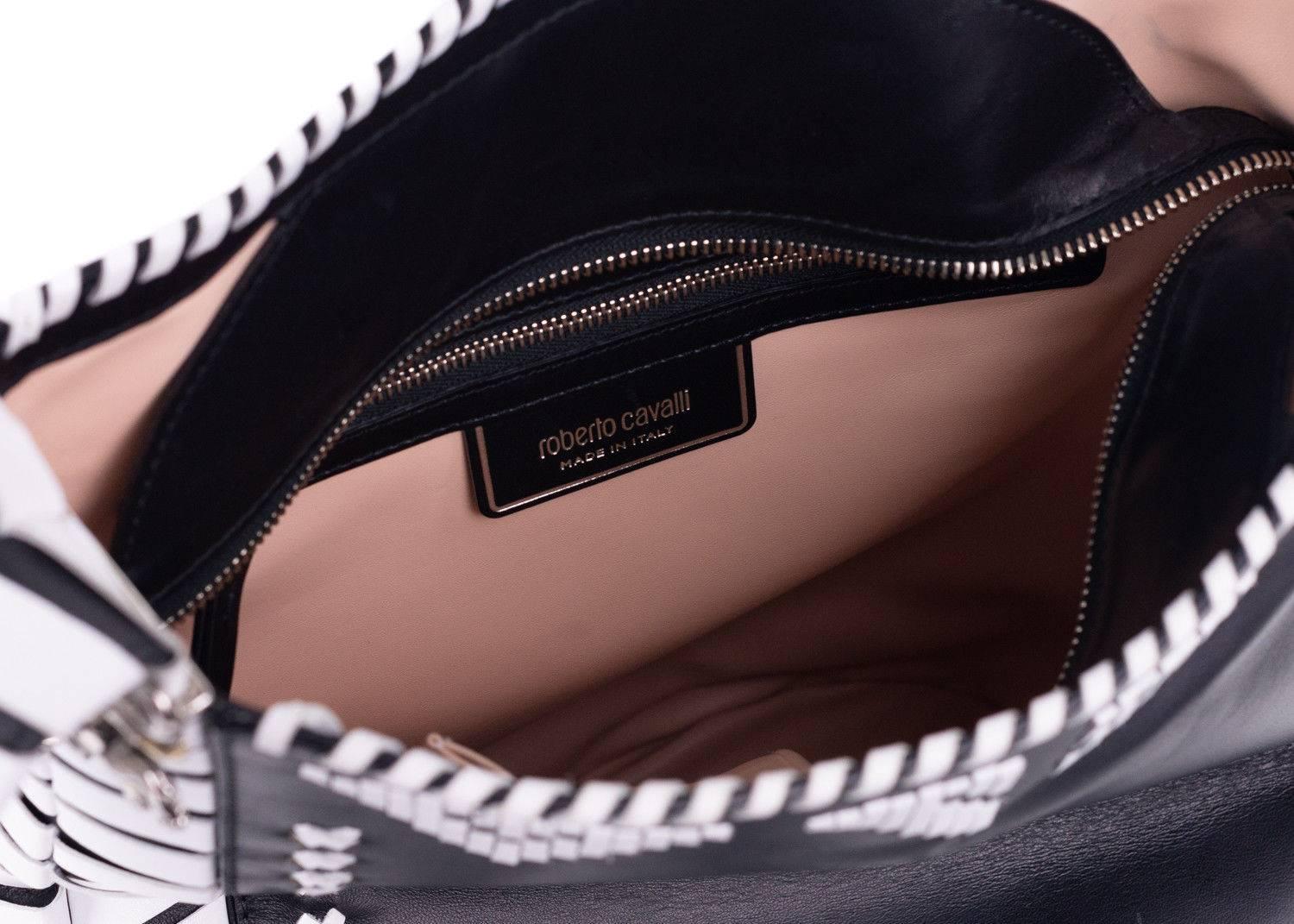 Roberto Cavalli Black Leather White Accent Shoulder Bucket Bag 1