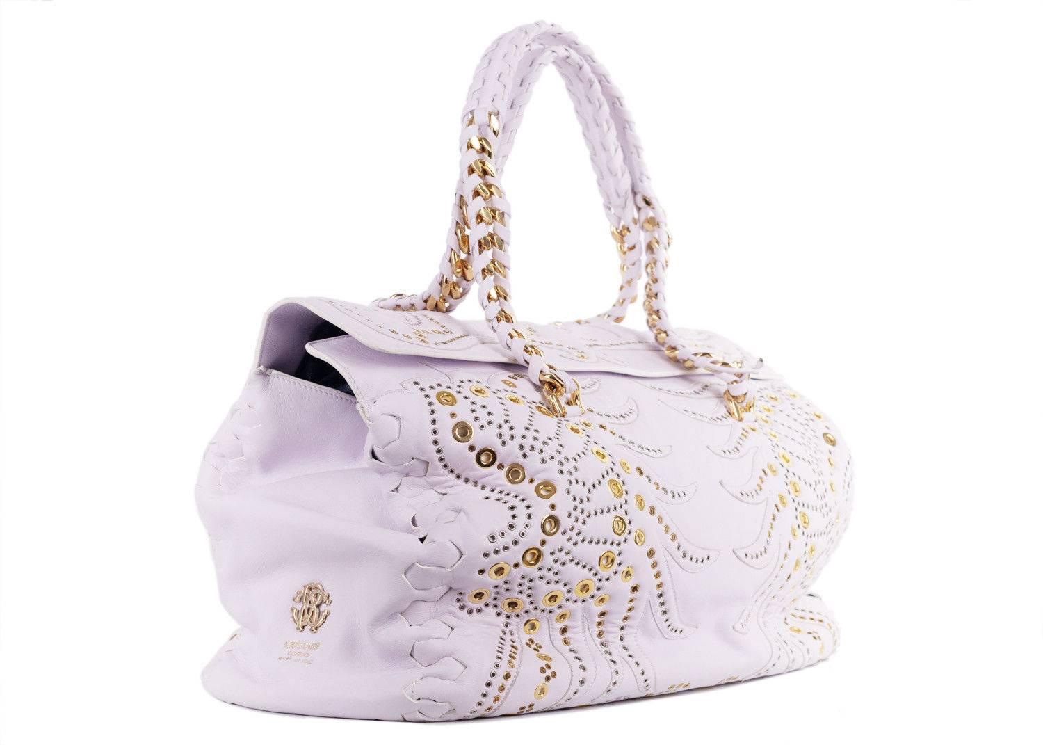 Roberto Cavalli Regina Medium Radiant Studded White Leather Satchel In New Condition For Sale In Brooklyn, NY