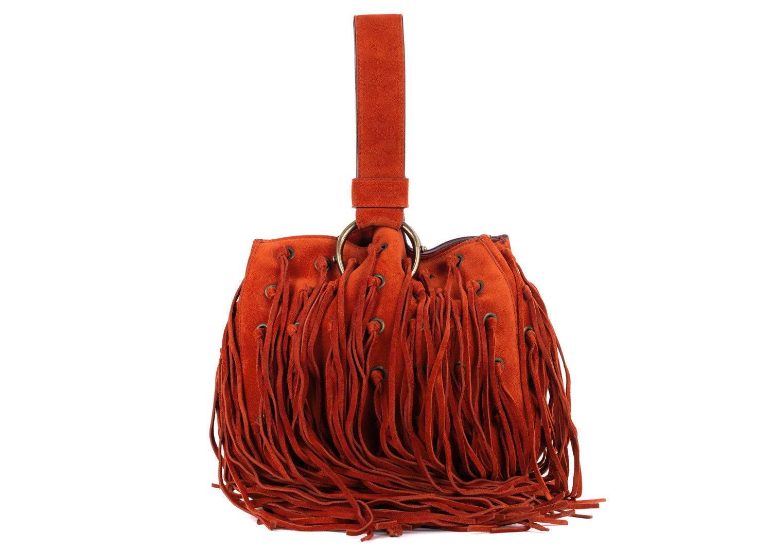 Roberto Cavalli Orange Suede Eyelet Fringe Wristlet Bucket Bag In New Condition For Sale In Brooklyn, NY