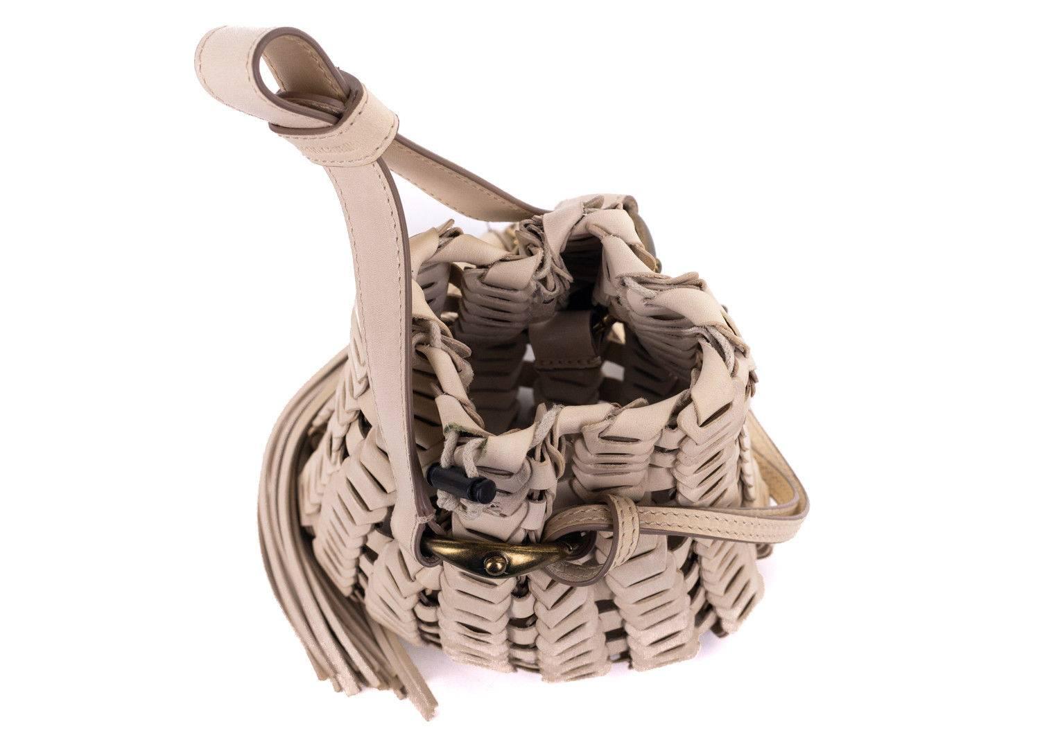 Beige Roberto Cavalli Cream Mini Leather Tassel Bucket Bag For Sale