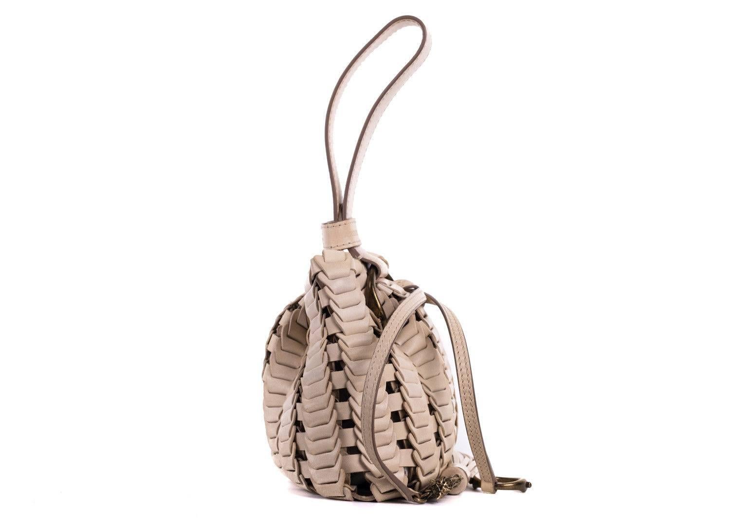 Women's or Men's Roberto Cavalli Cream Mini Leather Tassel Bucket Bag For Sale