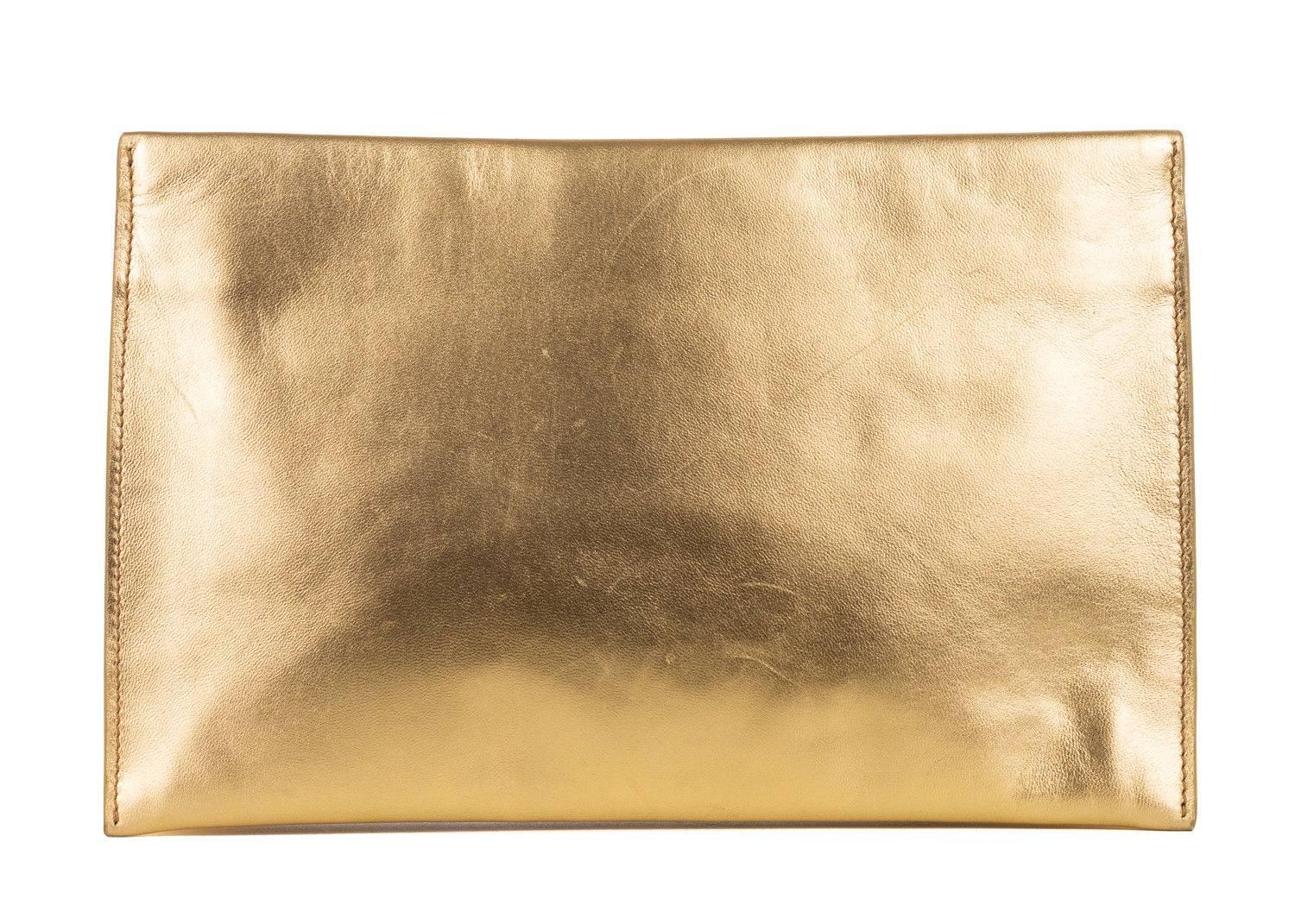 Brown Roberto Cavalli Solid Gold Metallic Grained Leather Zip Clutch For Sale