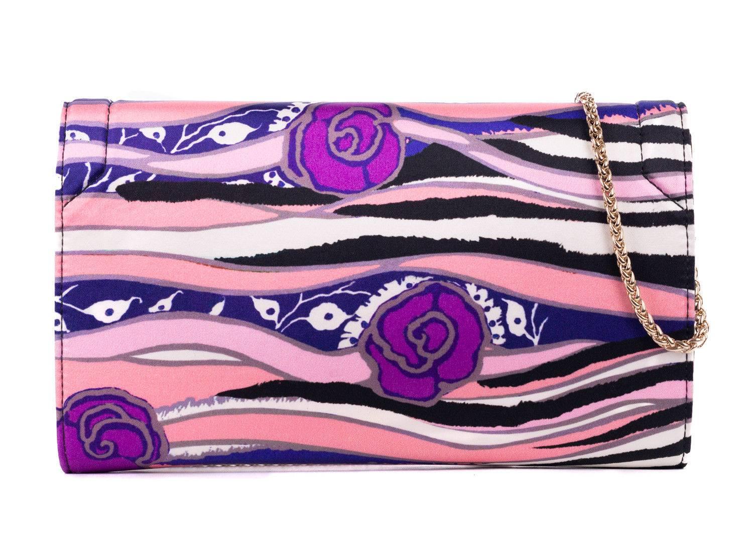 Roberto Cavalli Multicolor Pink Satin Floral Clutch Shoulder Bag In New Condition For Sale In Brooklyn, NY