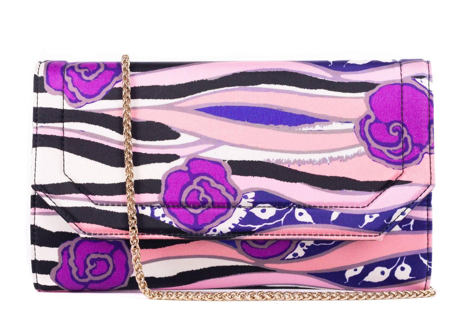 Women's or Men's Roberto Cavalli Multicolor Pink Satin Floral Clutch Shoulder Bag For Sale
