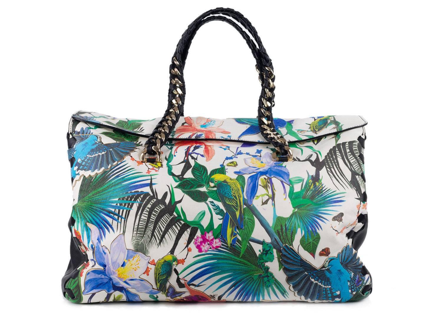 Women's or Men's Roberto Cavalli Multicolor Leather Tropical Floral Large Tote Bag For Sale