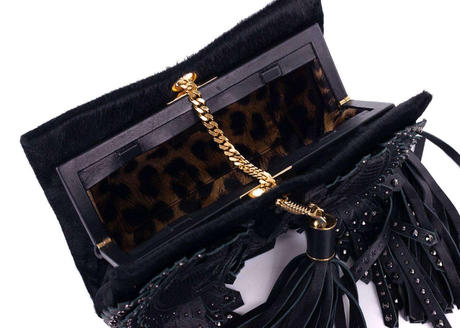 Roberto Cavalli Black Calf Hair Studded Leather Tassel Clutch In New Condition For Sale In Brooklyn, NY