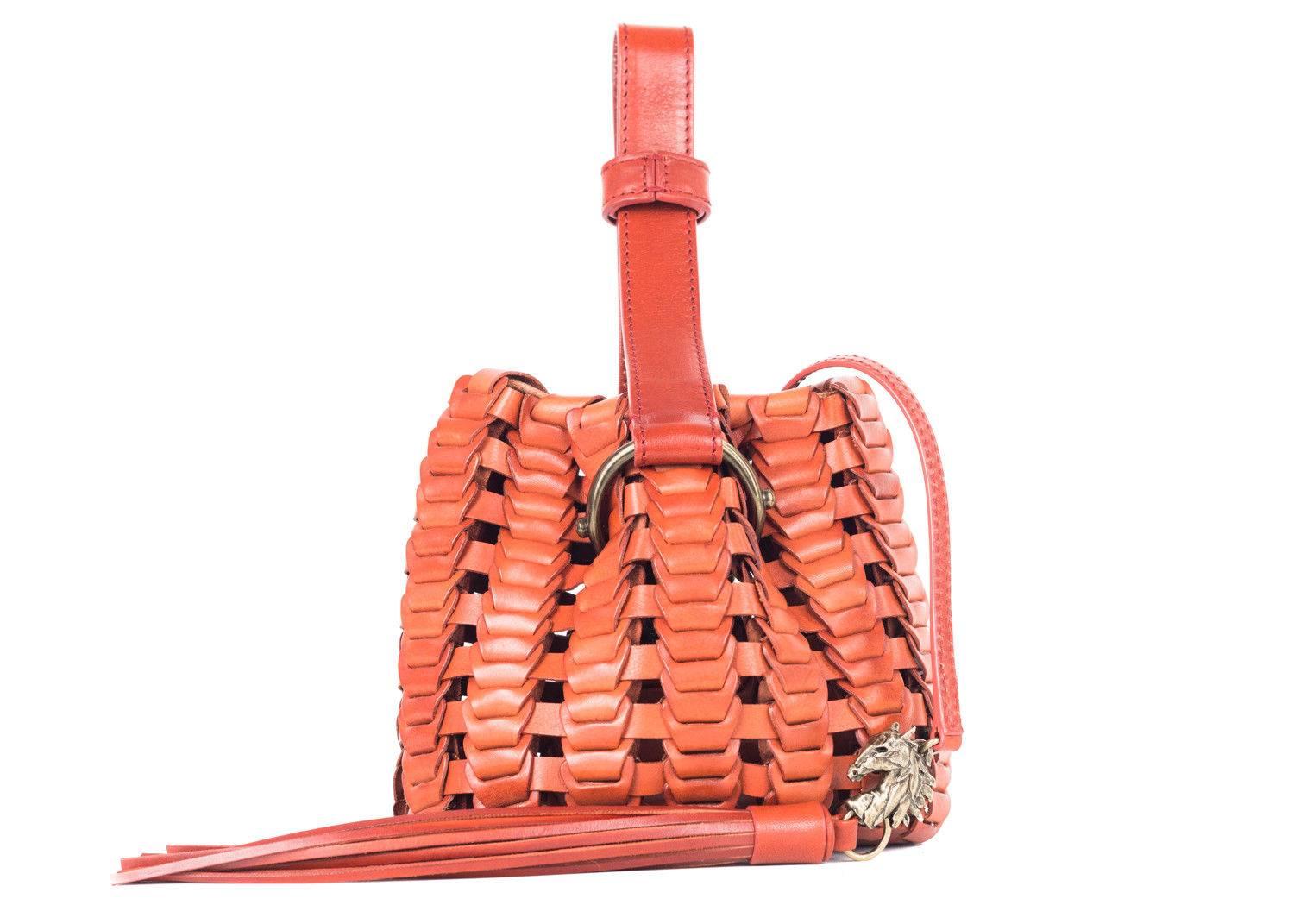 Men's Roberto Cavalli Copper Orange Leather Tassel Bucket Bag For Sale