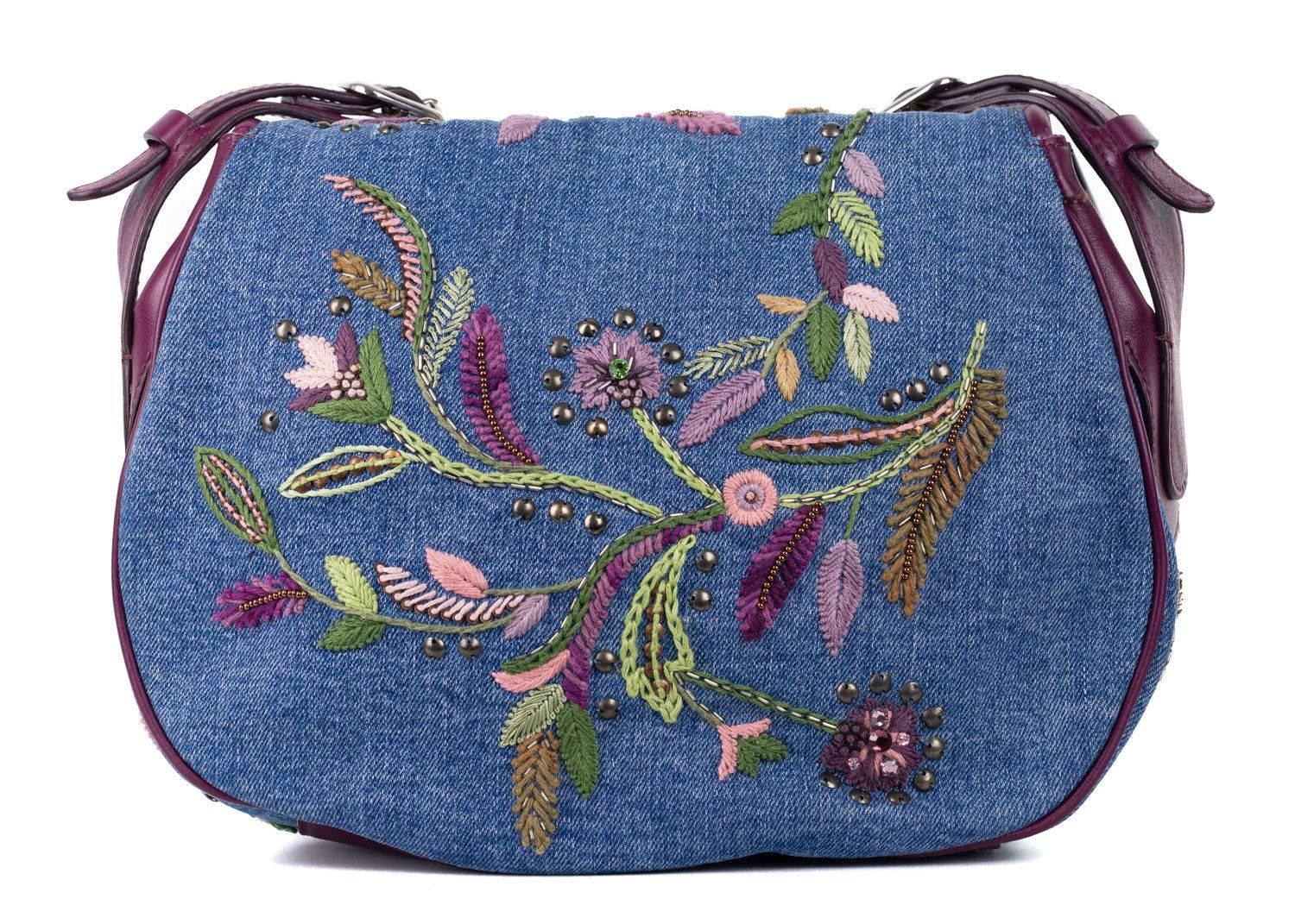 Gray Roberto Cavalli Denim Floral Embroidered Embellishment Shoulder Bag For Sale